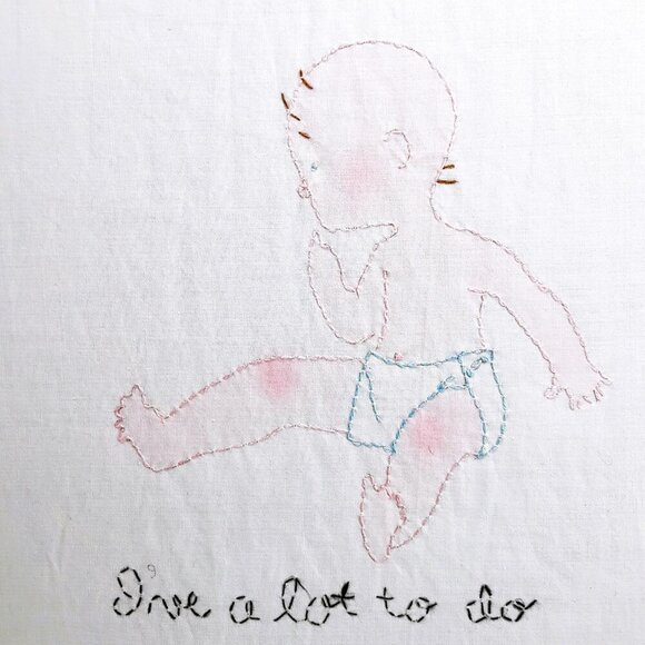 Handmade Embroidered Painting of Baby Titled "I've A Lot To Do" Art Work - Picture 2 of 5